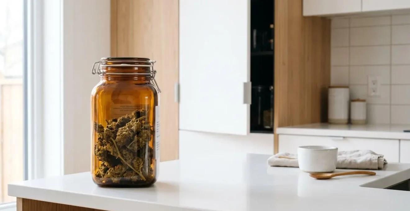 Bocal en verre ambré hermétique rempli de fleurs de CBD séchées, posé sur un comptoir blanc dans une cuisine contemporaine avec placard entrouvert en arrière-plan