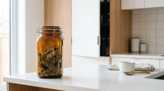 Bocal en verre ambré hermétique rempli de fleurs de CBD séchées, posé sur un comptoir blanc dans une cuisine contemporaine avec placard entrouvert en arrière-plan