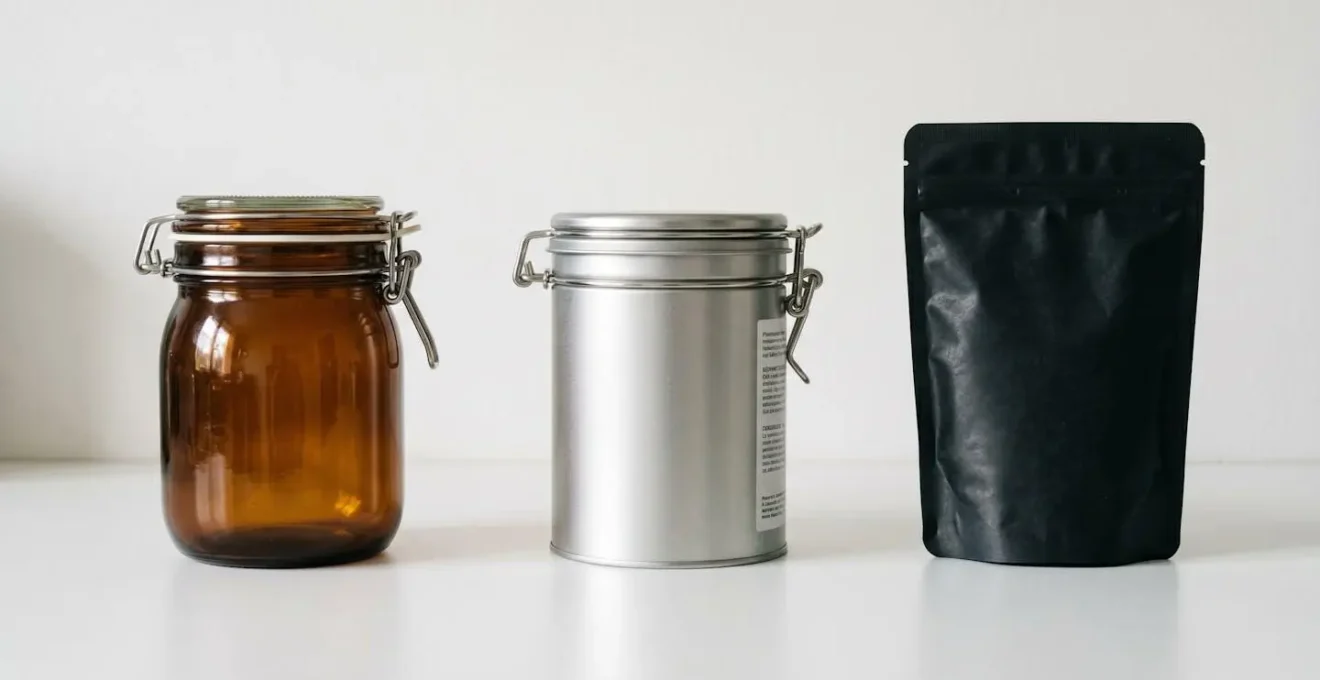 Trois types de contenants de conservation alignés sur surface blanche : bocal en verre ambré à gauche, boîte métallique opaque au centre, sachet refermable spécialisé à droite