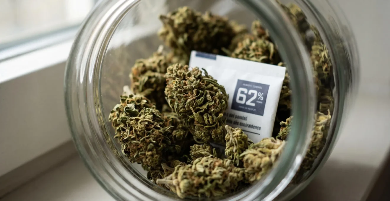 Vue rapprochée de l'intérieur d'un bocal en verre contenant des fleurs de CBD avec un régulateur d'humidité rectangulaire blanc posé parmi les fleurs