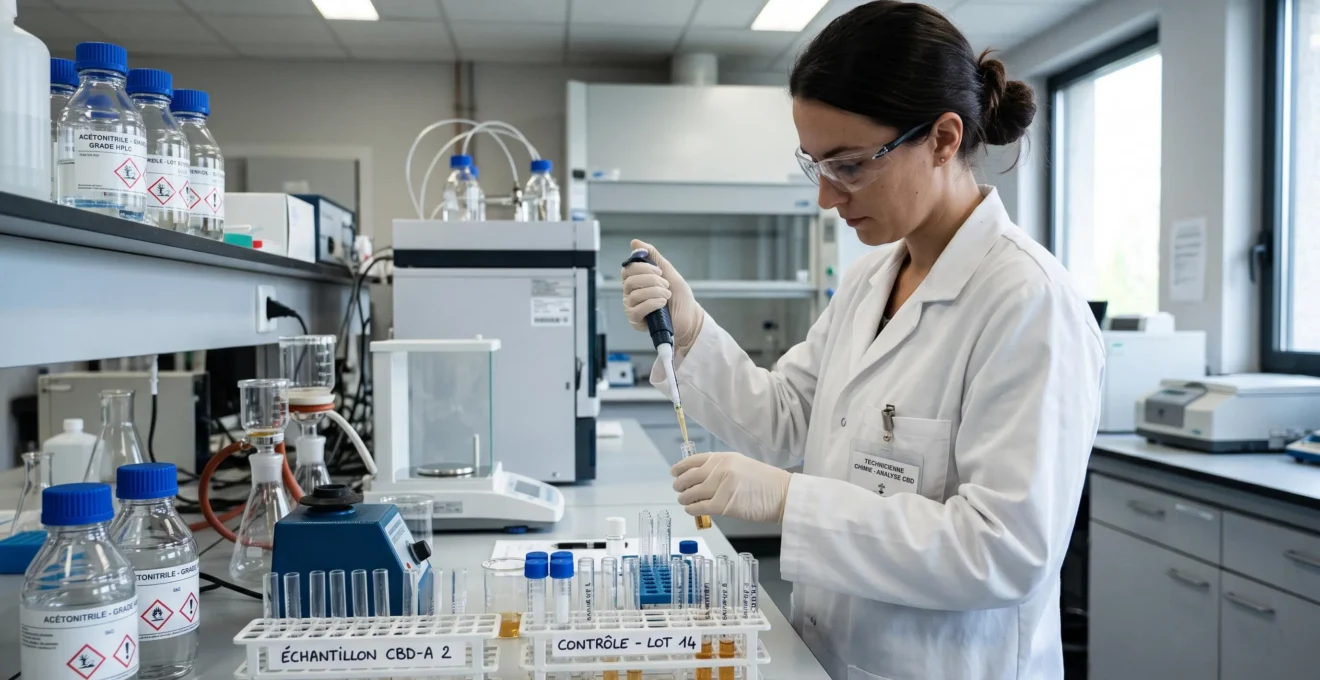 Technicien de laboratoire effectuant une analyse de cannabinoïdes sur des échantillons de CBD