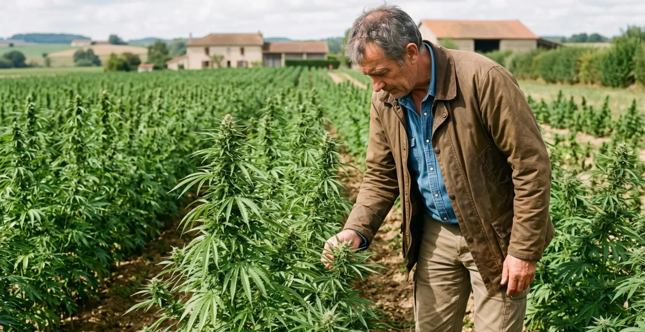 Producteur de chanvre inspectant la qualité des fleurs de plants de chanvre industriel dans un champ de culture
