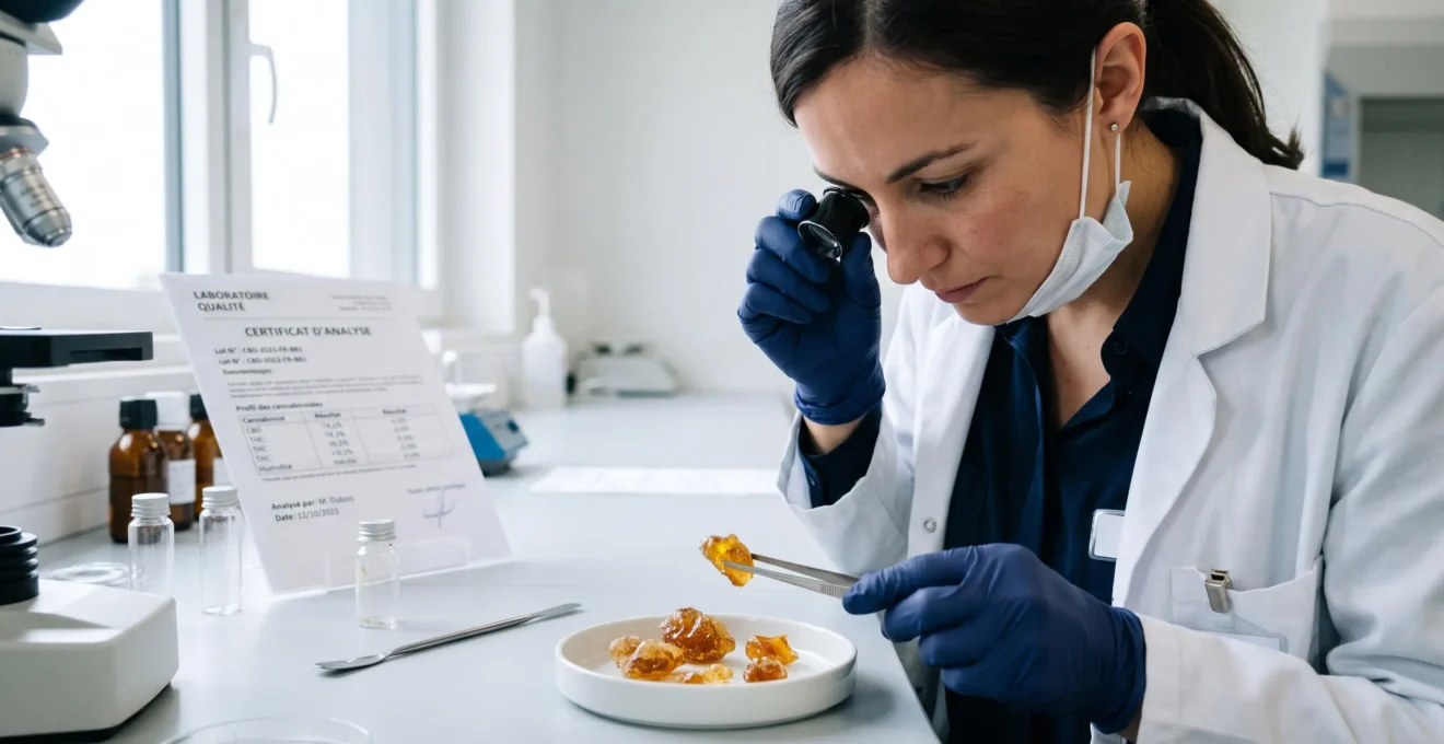 Spécialiste contrôle qualité examinant des échantillons de résine de CBD avec une loupe sur une surface de travail blanche