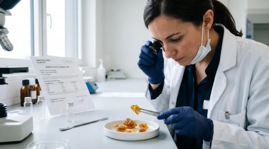 Spécialiste contrôle qualité examinant des échantillons de résine de CBD avec une loupe sur une surface de travail blanche