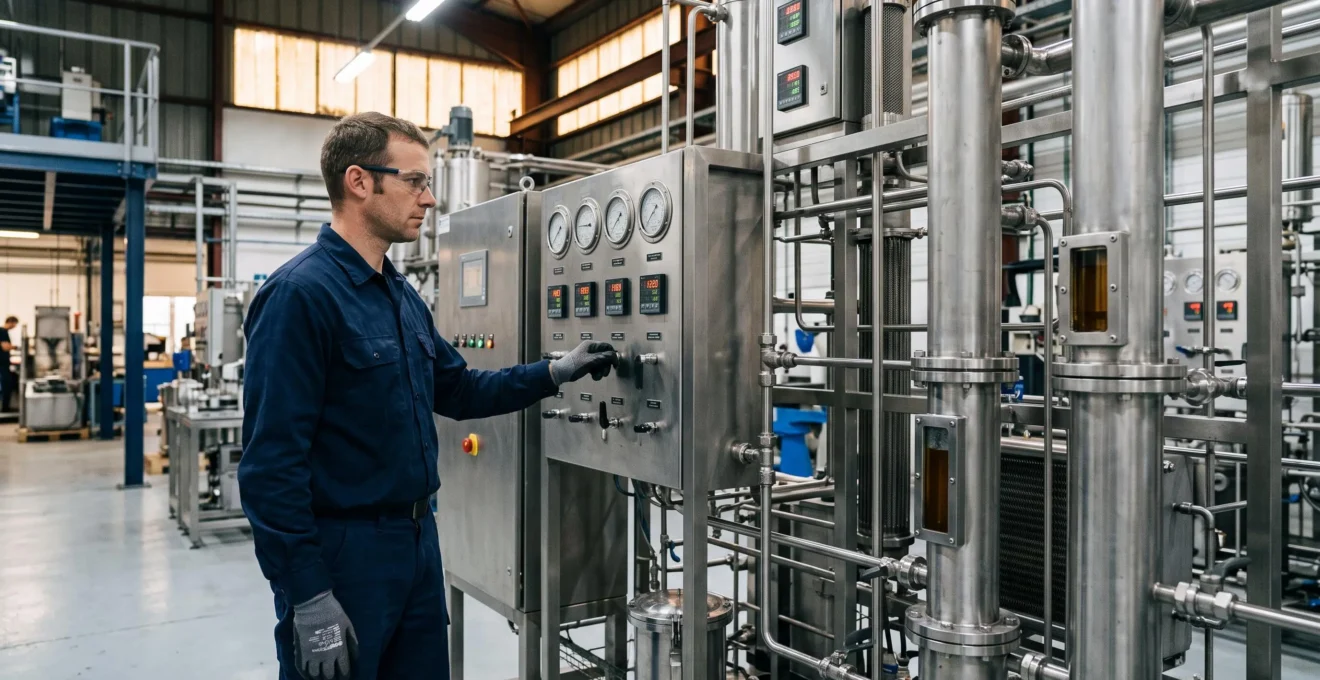 Technicien contrôlant un système d'extraction au CO2 supercritique dans une installation de production de CBD